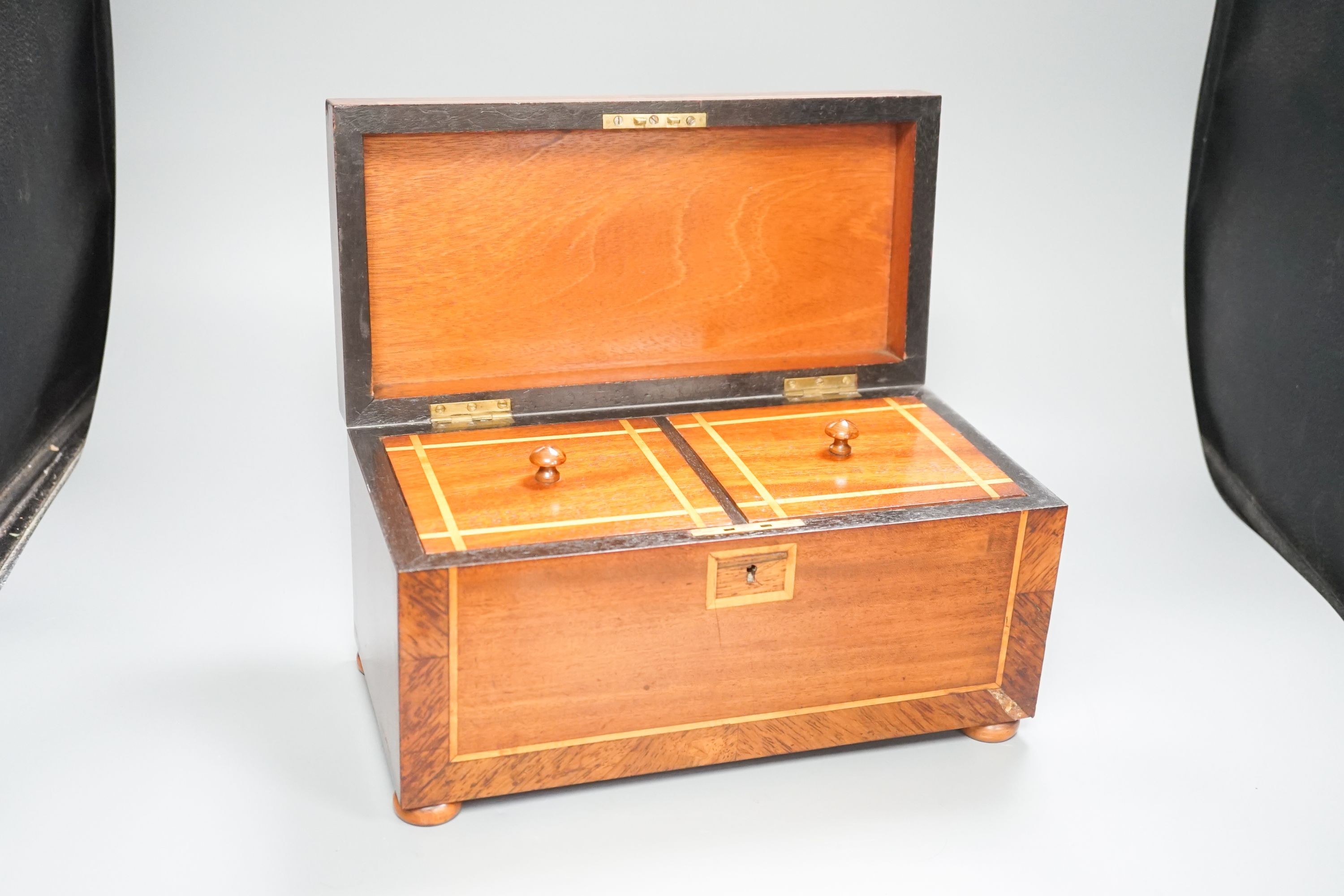 An aneroid barometer in circular polished oak surround and a banded and inlaid two section tea casket, 30.5 x 16.5cm